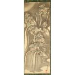 A 19th century Chinese scroll painting on silk depicting seven rain gods, with calligraphy & two red