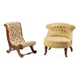 Property of a gentleman - a Victorian walnut & gold floral patterned button upholstered tub chair,