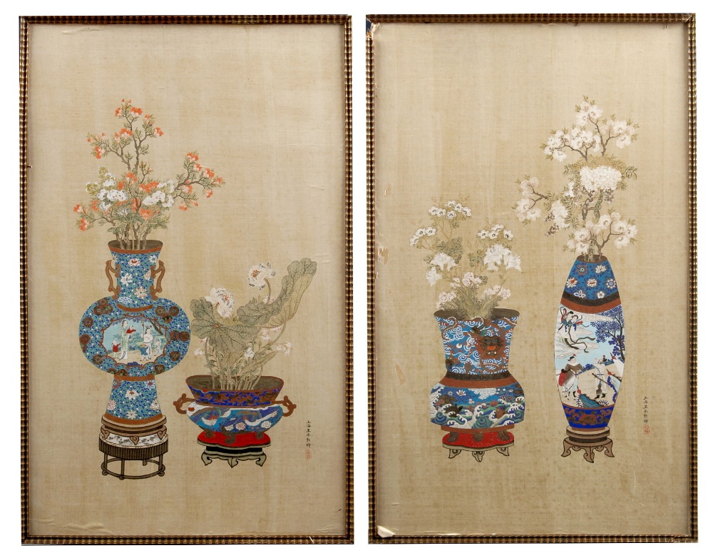 A pair of early 20th century Chinese Republic period paintings on silk depicting flowers in