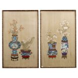 A pair of early 20th century Chinese Republic period paintings on silk depicting flowers in