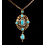 An unmarked Victorian yellow gold turquoise & diamond pendant on chain necklace, the estimated total