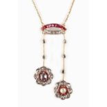 An attractive yellow gold ruby diamond & pearl tassel necklace, 17.75ins. (45cms.) long (see
