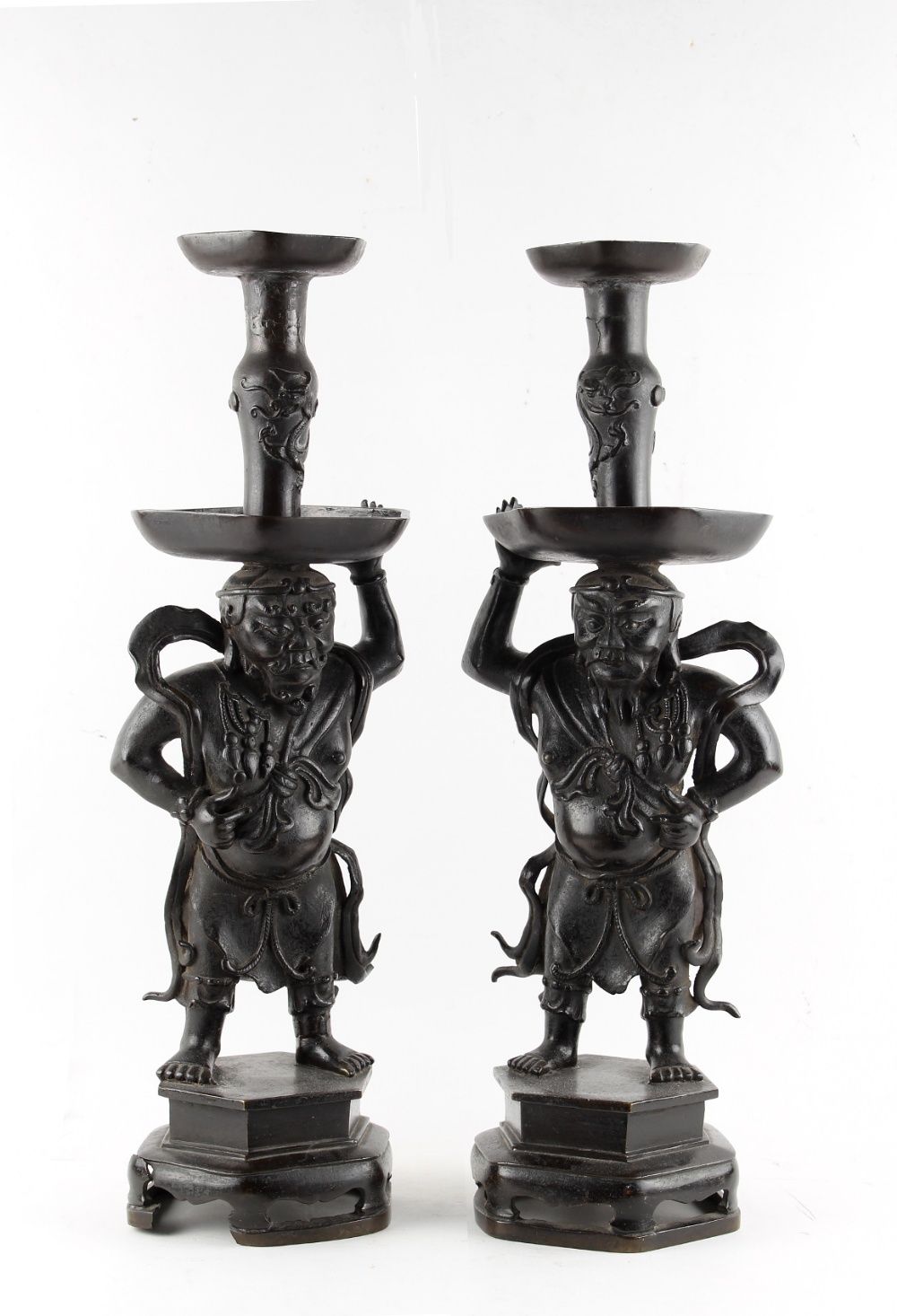 A pair of Chinese bronze standing figures, Ming Dynasty (1368-1644), previously pricket