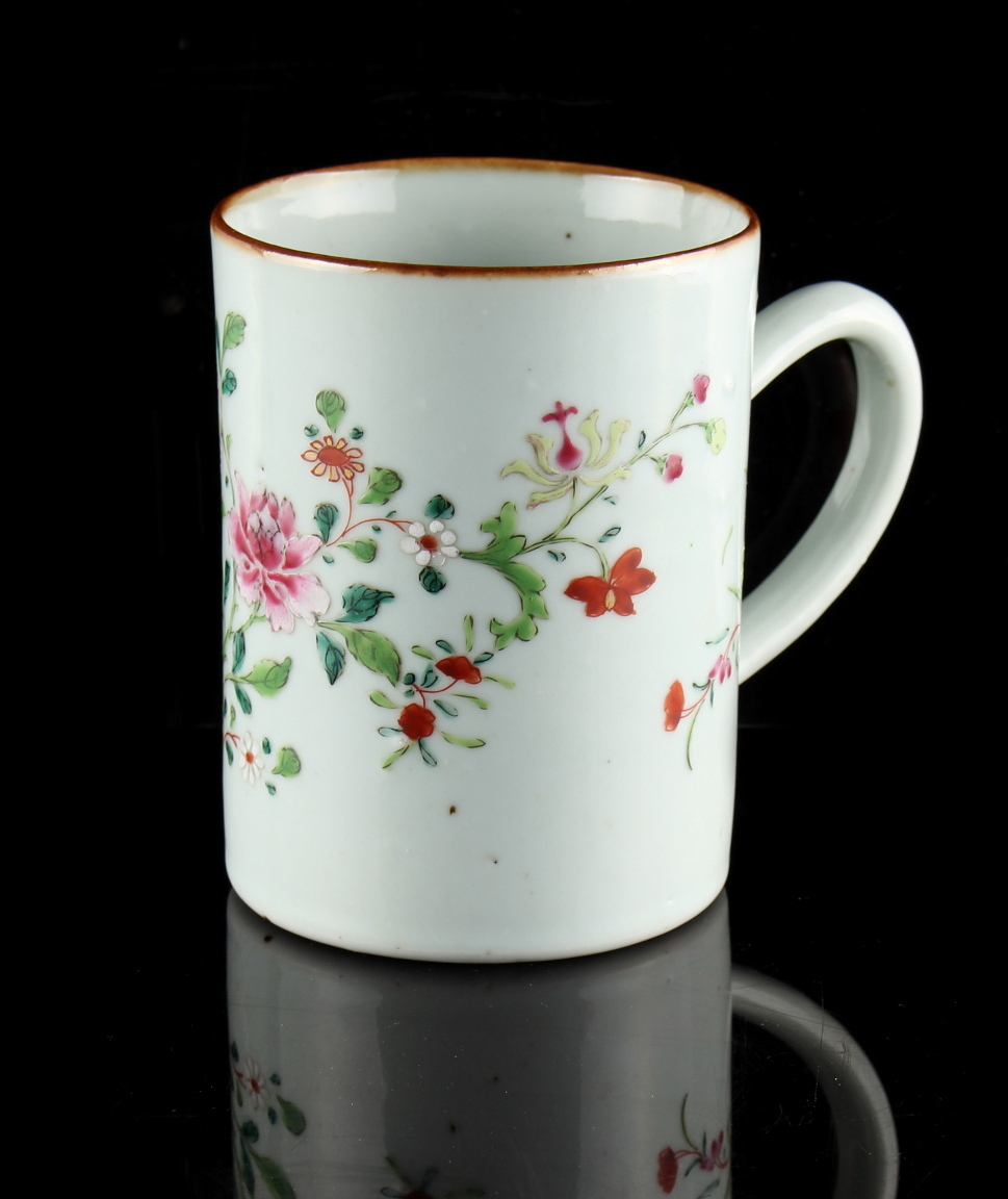 Property of a deceased estate - an 18th century Chinese famille rose mug or tankard, painted with