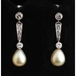 A pair of certificated natural saltwater pearl & diamond drop earrings, the two pearls of cream