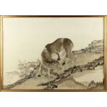 A Chinese embroidered silk panel depicting a buffalo in landscape, early / mid 20th century, the