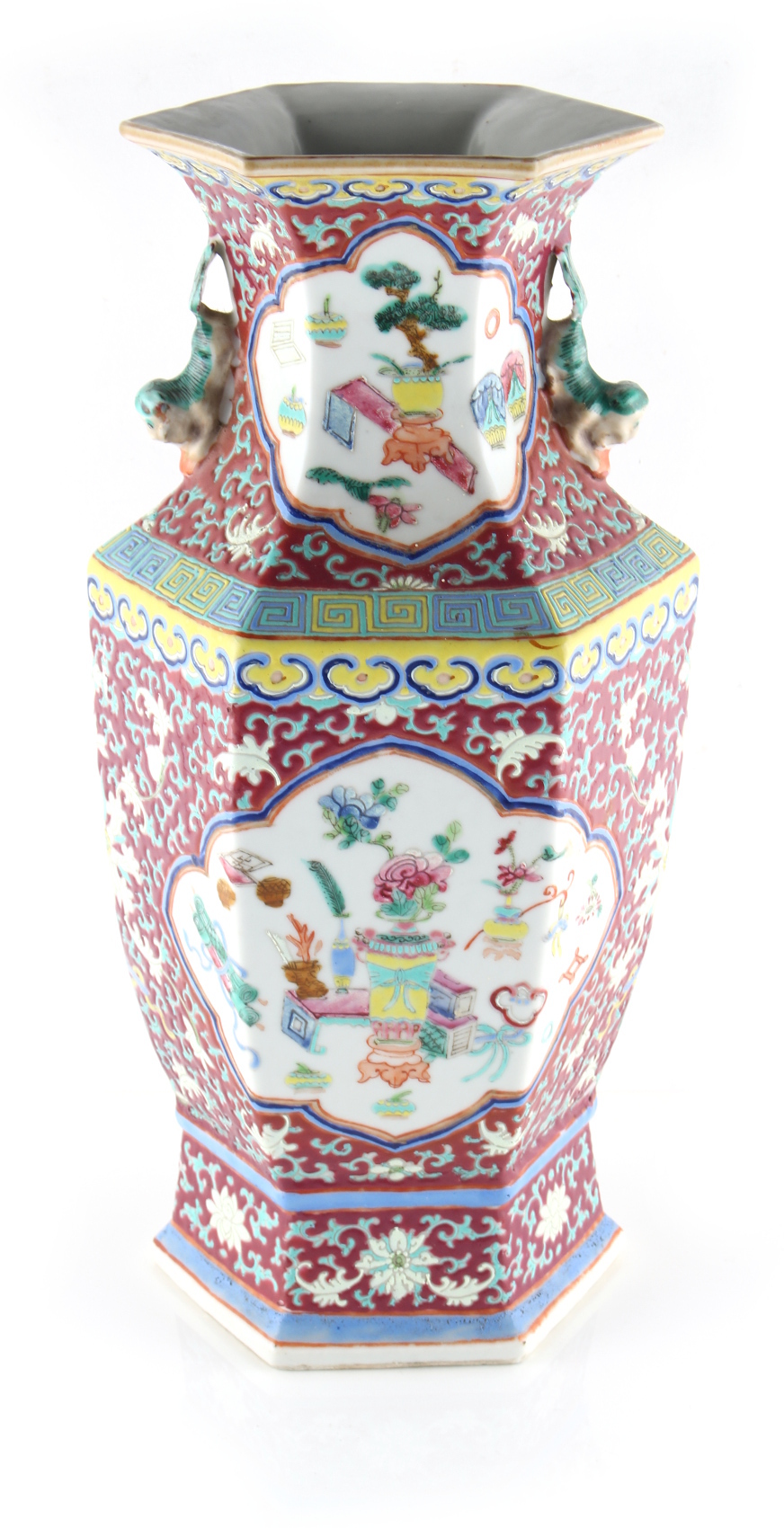 Property of a lady - a late 19th century Chinese ruby ground famille rose hexagonal vase, painted - Image 2 of 2