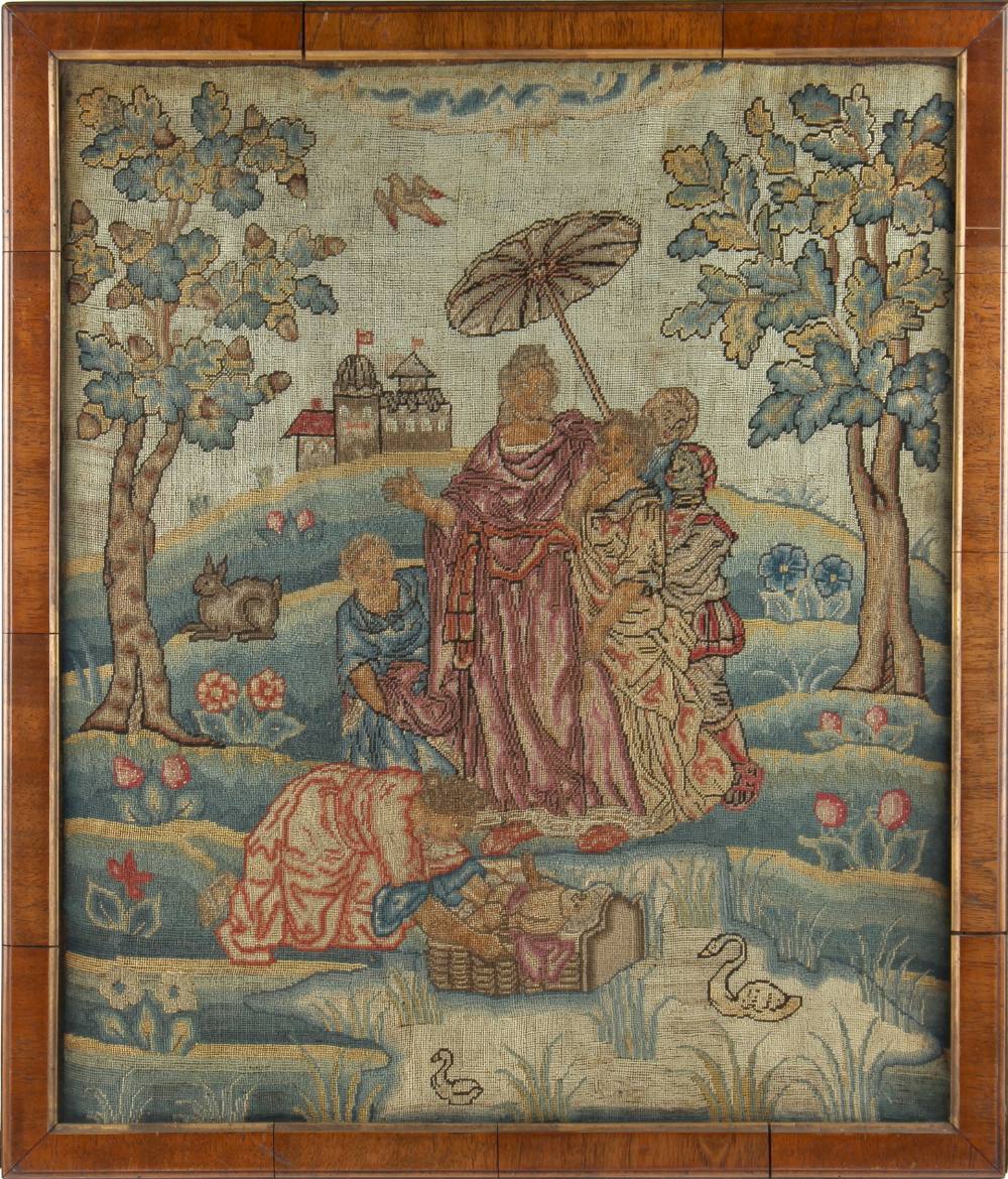 Property of a lady - a 19th century petit point woolwork picture depicting Moses in the basket, 20.5