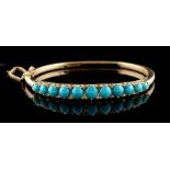 A Victorian 14ct yellow gold turquoise & diamond hinged bangle, of good grade, with safety chain,