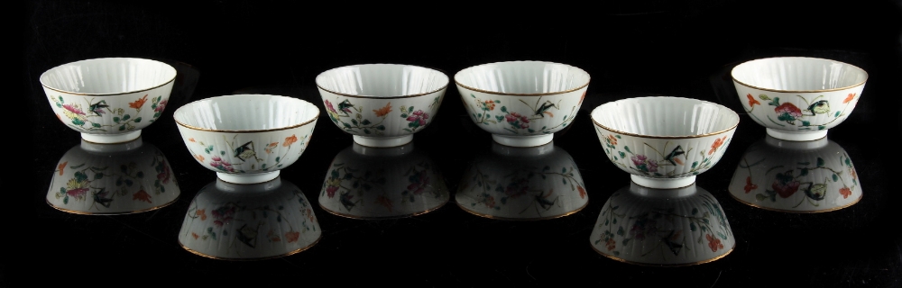 A set of six early 20th century Chinese famille rose bowls, each painted with crickets & flowers, - Image 2 of 2