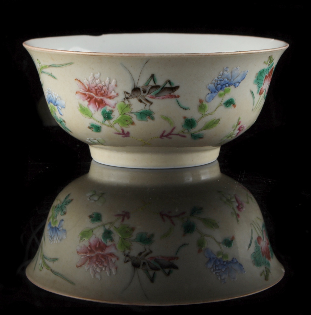 Property of a lady - a Chinese famille rose cricket bowl, painted with crickets & flowers on a