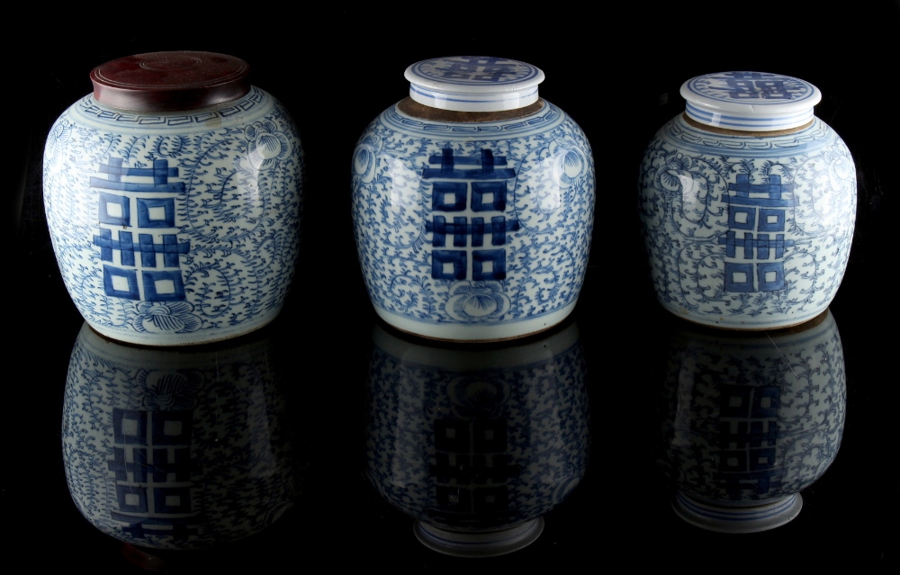 Property of a gentleman - a graduated set of three 19th century Chinese provincial blue & white