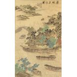 A Chinese scroll painting on silk depicting a busy river scene with boats, 20th century, with