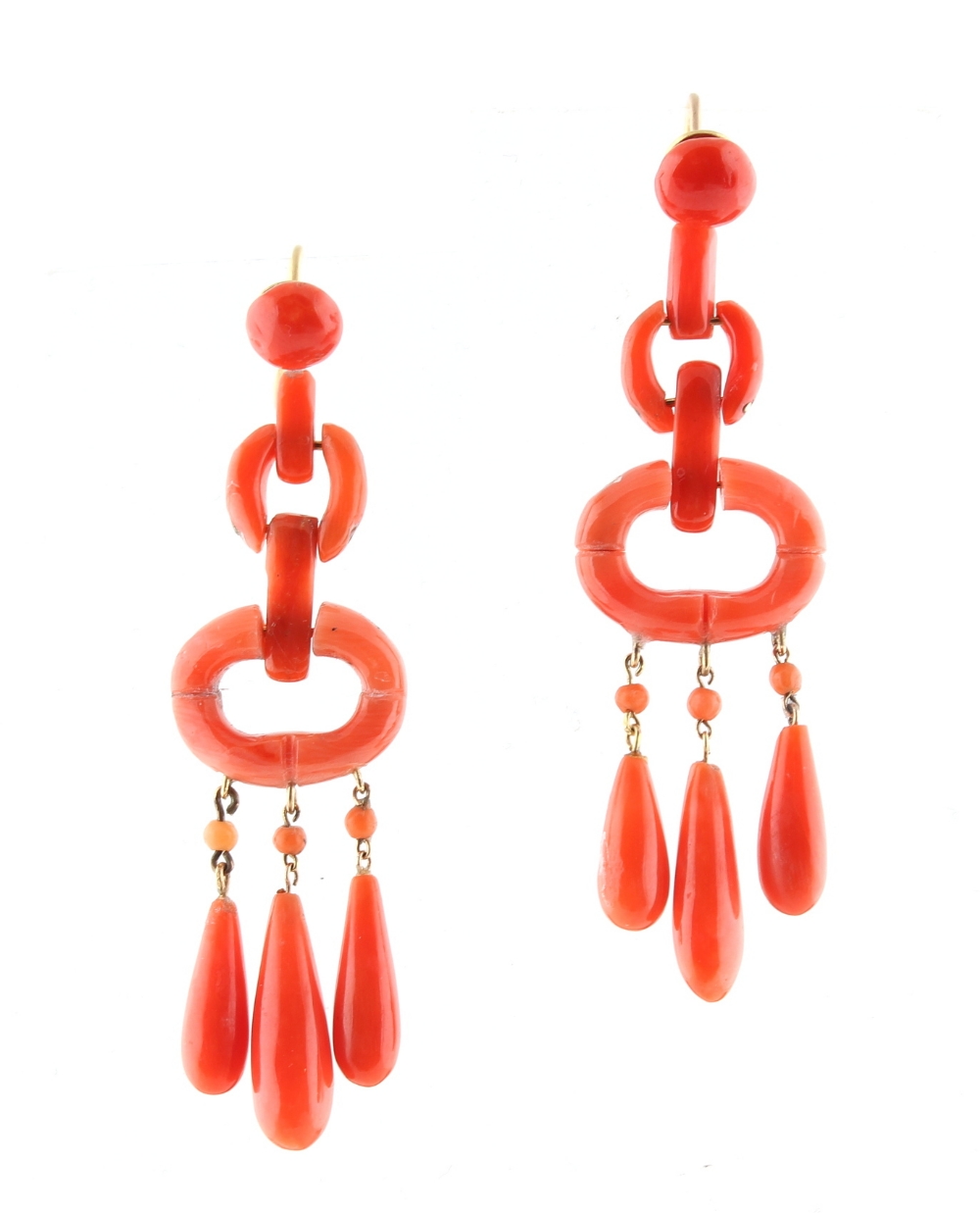 A pair of coral link drop earrings, probably en suite with the preceding lot, for pierced ears, each