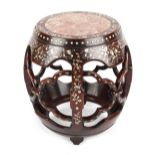 A late 19th / early 20th century Chinese carved hongmu drum stool or barrel seat, with pink marble