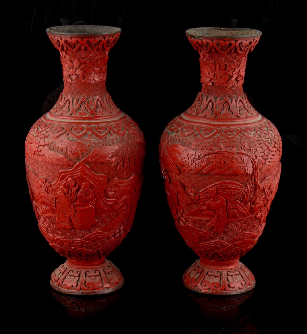 Property of a lady - a pair of Chinese cinnabar lacquer vases, late 19th / early 20th century,