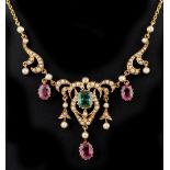 A Victorian 15ct yellow gold pink tourmaline green tourmaline & seed pearl necklace, 14.6ins. (