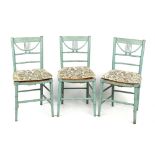 Property of a lady - a set of three 19th century pale blue painted rush seated side chairs (3) (