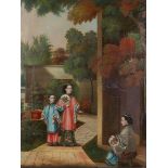 Chinese school (mid 19th century) - THREE FIGURES IN GARDENS - oil on canvas, 15.2 by 11.3ins. (38.6