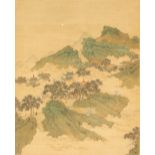 A Chinese scroll painting on silk depicting figures in a mountainous landscape, late 19th century,
