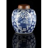 A Chinese blue & white ovoid ginger jar, 19th century, painted with panels of precious objects, 10.