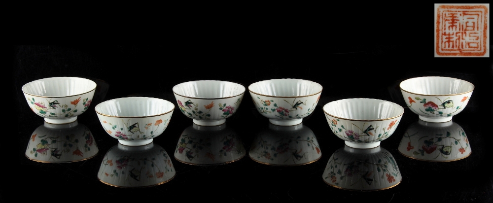 A set of six early 20th century Chinese famille rose bowls, each painted with crickets & flowers,