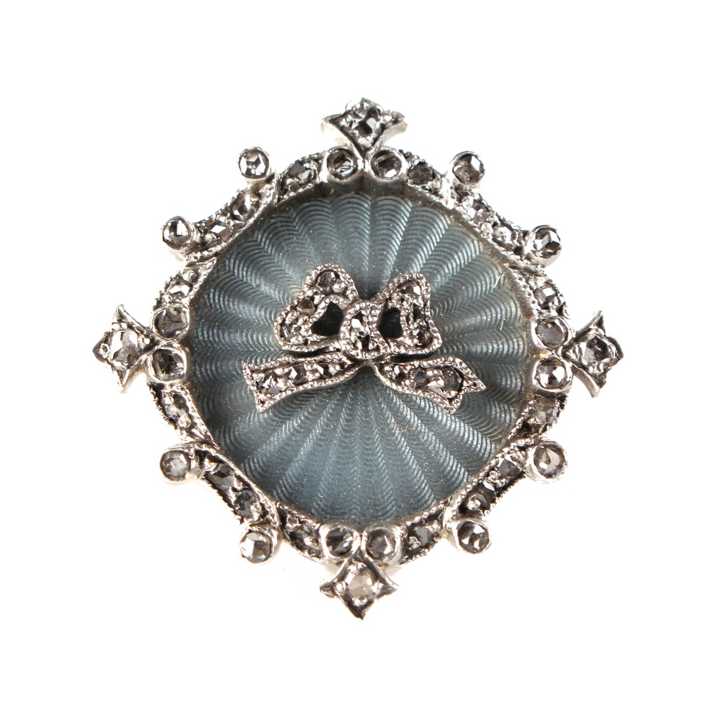 A diamond & pale blue guilloche enamel pendant brooch, with portrait photograph to reverse, 1.