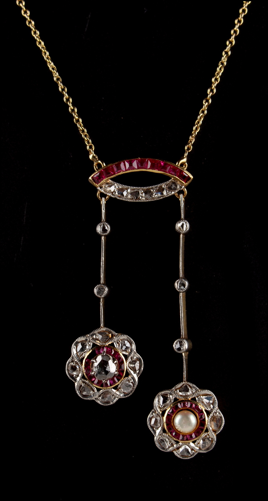 An attractive yellow gold ruby diamond & pearl tassel necklace, 17.75ins. (45cms.) long (see - Image 2 of 2