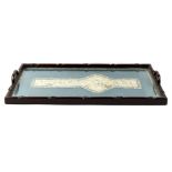 An early 20th century Chinese carved hongmu rectangular tray inset with an embroidered silk panel in