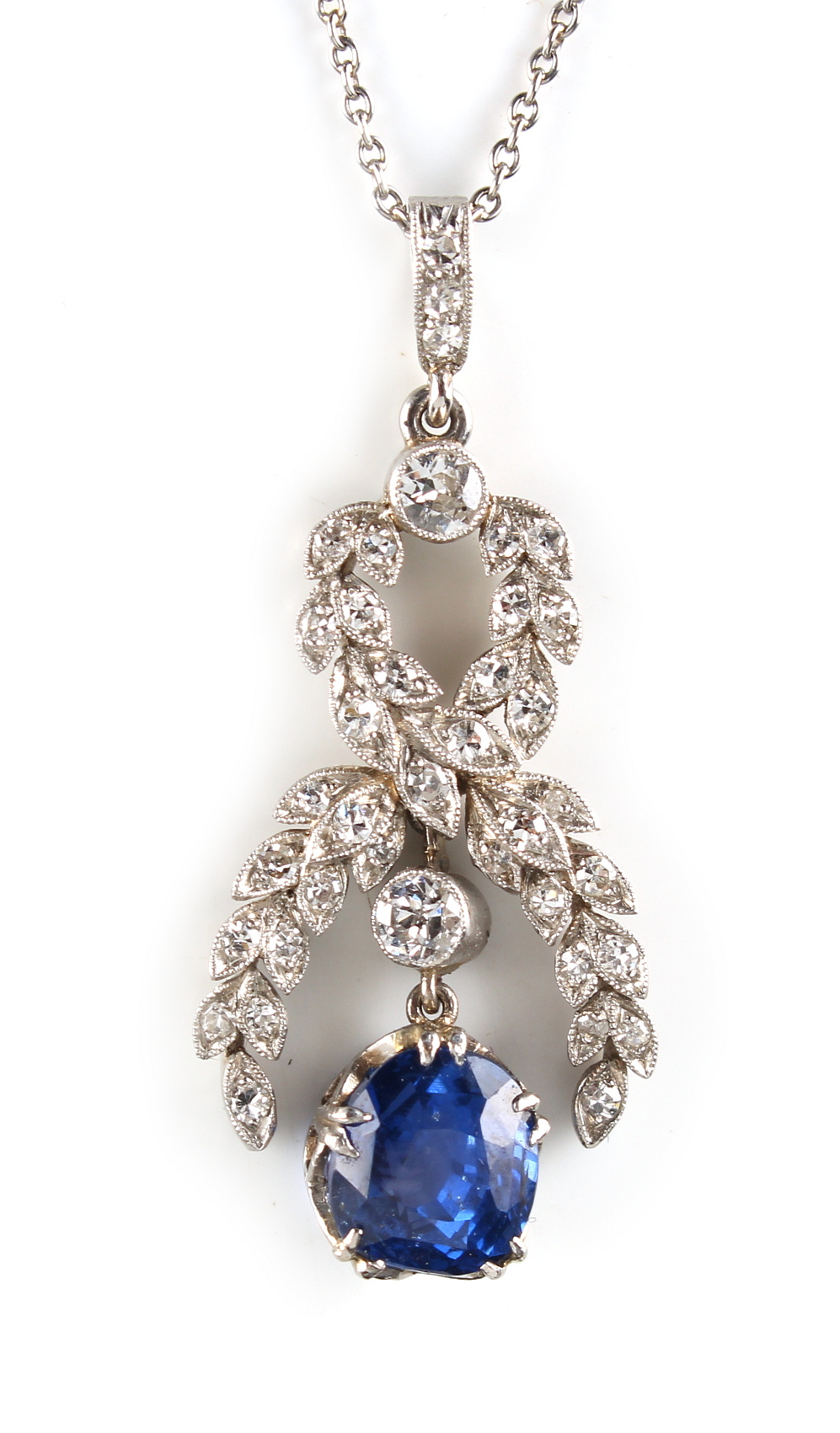 A fine Belle Epoque style sapphire & diamond pendant on chain necklace, the certificated untreated