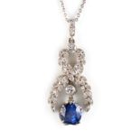 A fine Belle Epoque style sapphire & diamond pendant on chain necklace, the certificated untreated