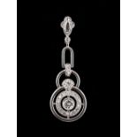 An Art Deco style 14ct white gold diamond pendant, 1.25ins. (3.2cms.) long (overall) (see