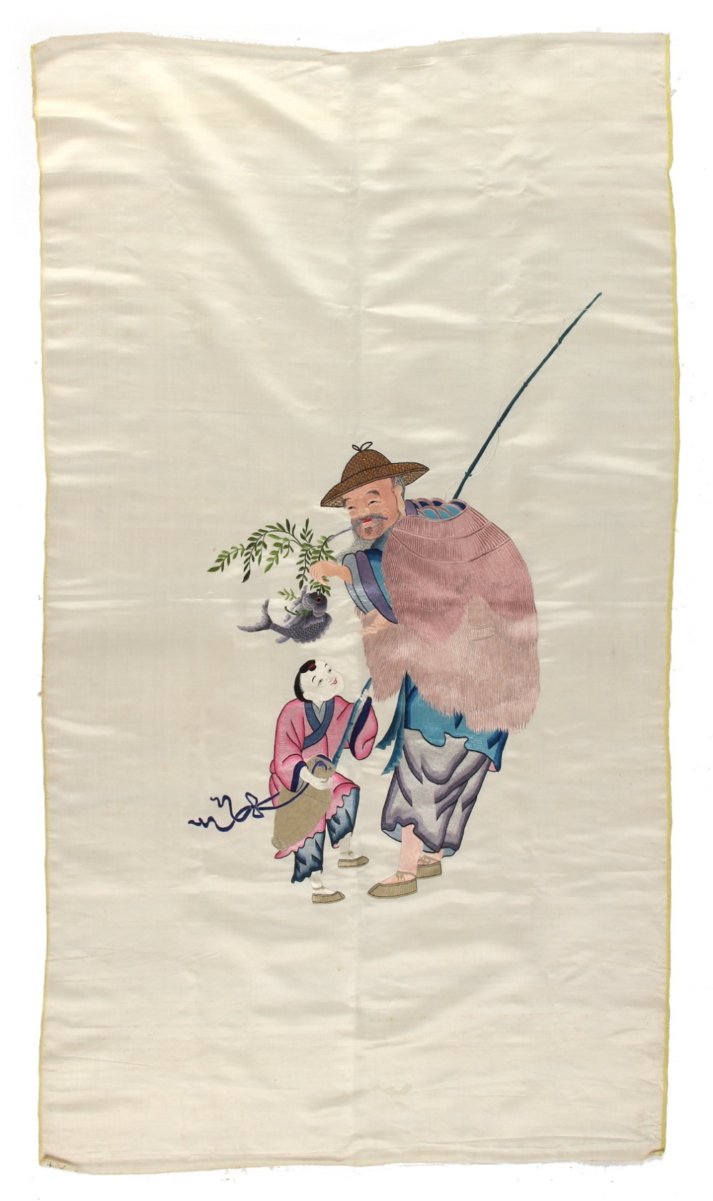 An early / mid 20th century Chinese embroidered silk panel depicting a fisherman & boy, unframed, 54