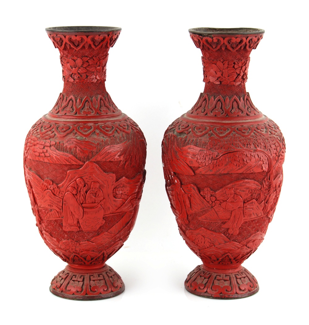 Property of a lady - a pair of Chinese cinnabar lacquer vases, late 19th / early 20th century, - Image 2 of 2