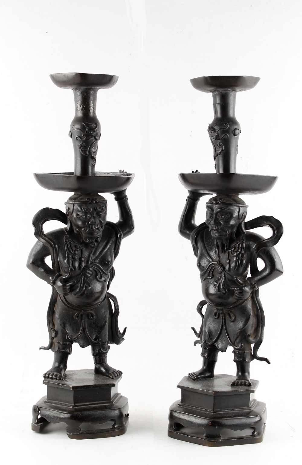 A pair of Chinese bronze standing figures, Ming Dynasty (1368-1644), previously pricket - Image 2 of 2