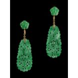 A pair of Chinese 18ct yellow gold & carved apple green untreated jadeite pendant earrings, with