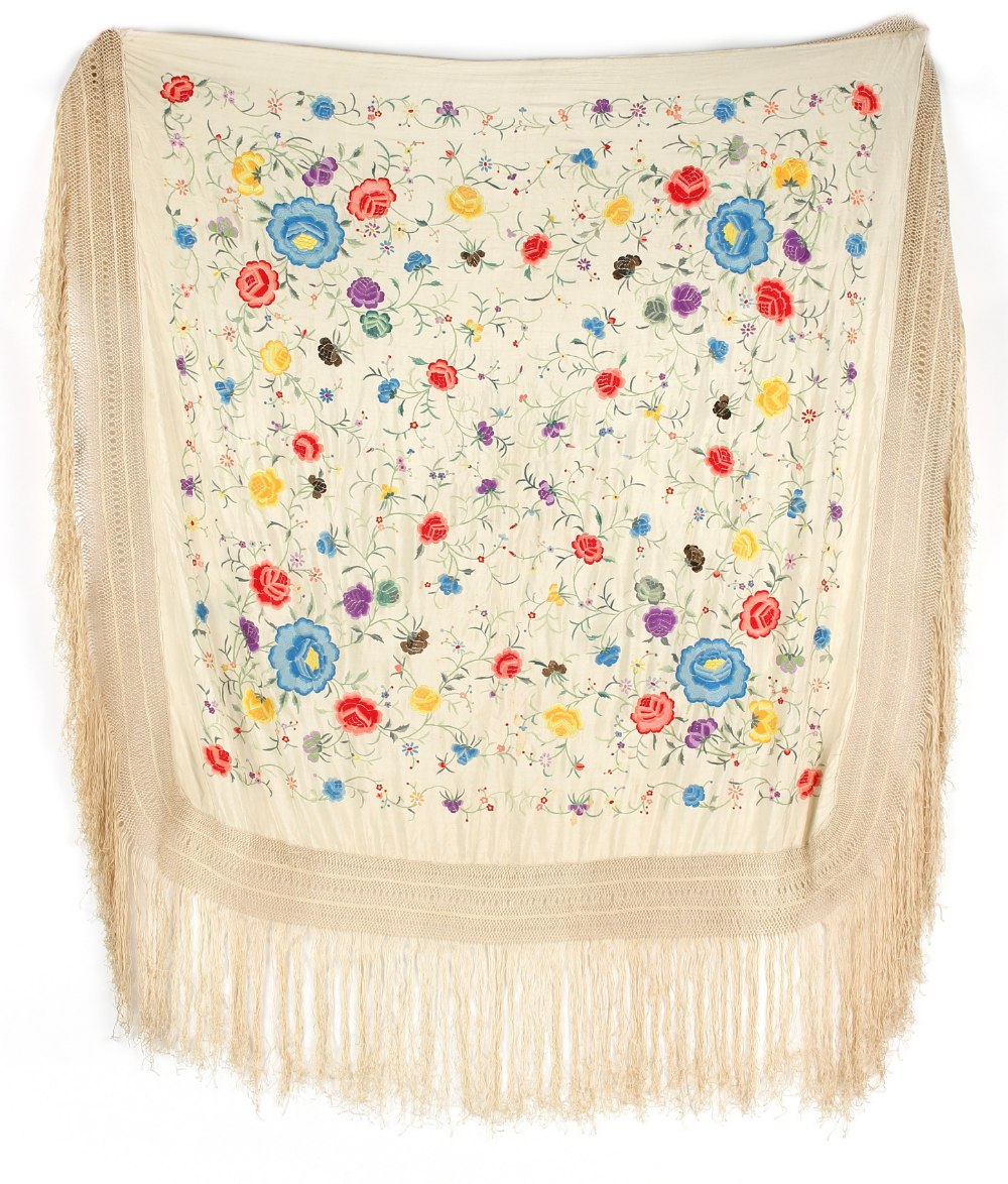 Property of a lady - a late 19th / early 20th century Chinese embroidered cream silk shawl or