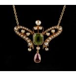 An unmarked yellow gold peridot or green tourmaline & pink topaz or tourmaline seed pearl