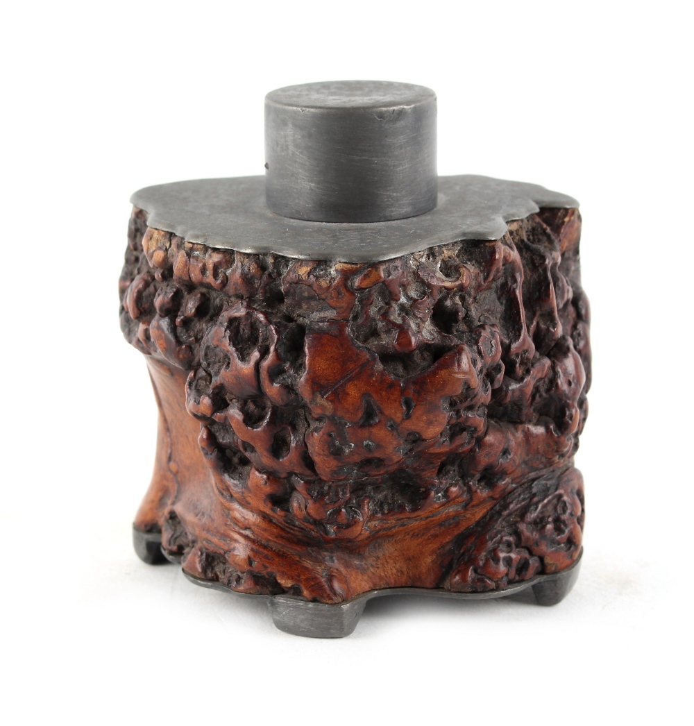 A Chinese pewter mounted carved rootwood tea cannister, late 19th / early 20th century, 3.5ins. (