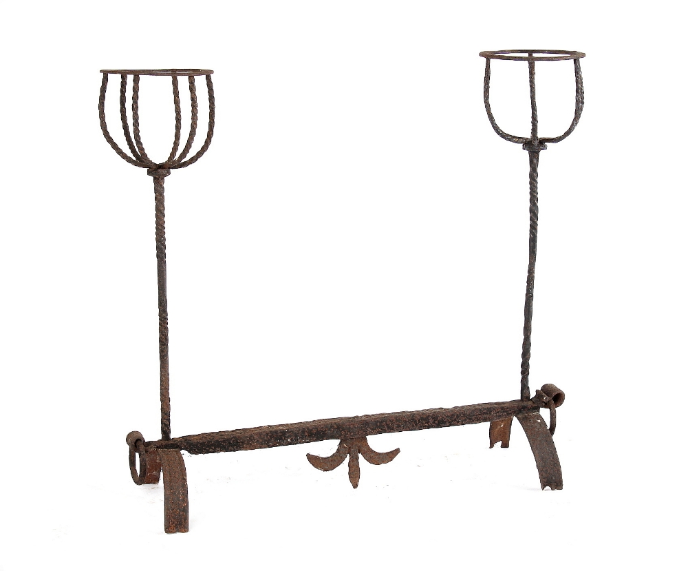 Property of a lady - a 17th century forged & wrought iron double ended andiron, with cresset