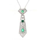 A good Art Deco emerald & diamond articulated pendant necklace, the three emeralds weighing a