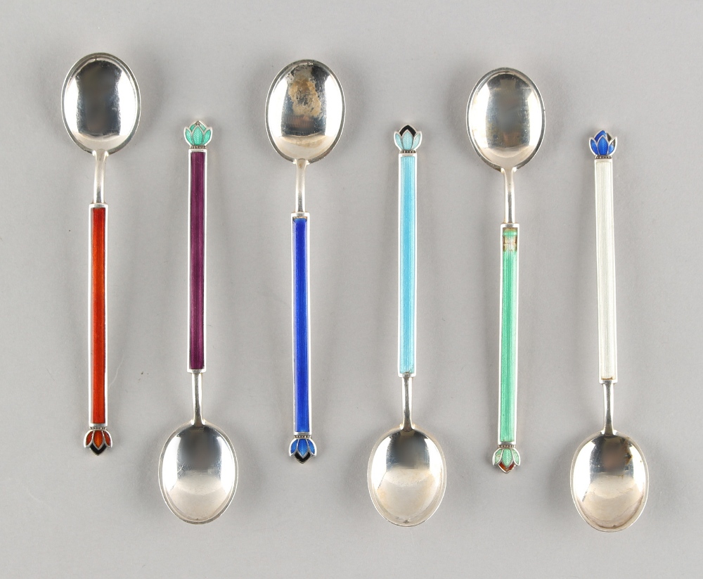 Property of a deceased estate - a set of six Norwegian silver & enamel coffee spoons, marked '