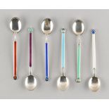 Property of a deceased estate - a set of six Norwegian silver & enamel coffee spoons, marked '