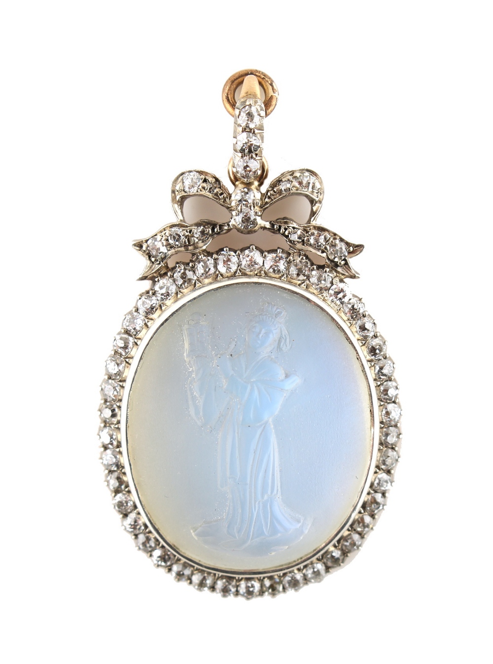 A good 19th century Italian diamond & carved rock crystal oval cameo pendant depicting a standing