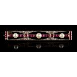 Property of a deceased estate - an early 20th century Art Deco ruby diamond & pearl bar brooch, 47mm