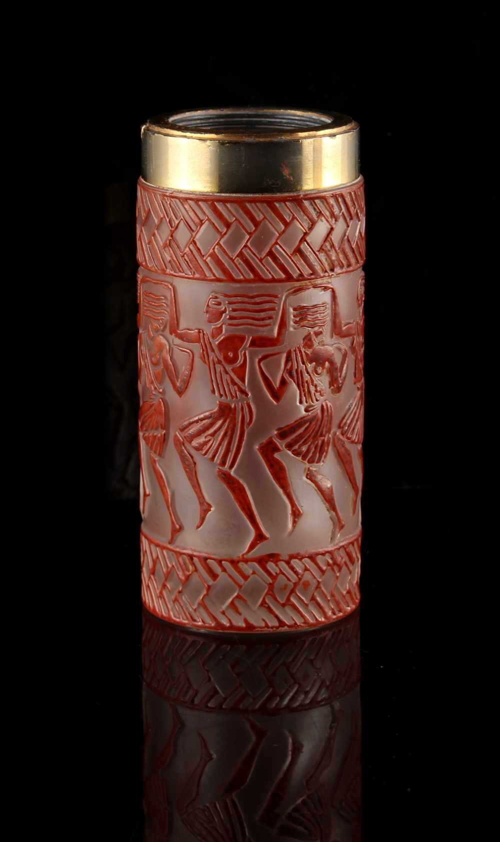 Property of a gentleman - a rare Lalique red enamelled & frosted glass scent bottle base,