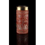 Property of a gentleman - a rare Lalique red enamelled & frosted glass scent bottle base,