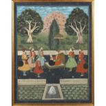 Property of a lady - a large Indian gouache painting depicting figures on a terrace, in gilt