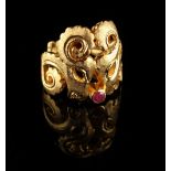 Property of a deceased estate - an Ilias Lalaounis 18ct yellow gold double ram's head ring, set with