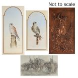 Two framed watercolours by Elizabeth A. Brown depicting a Saker Falcon and a Kestrel, in glazed